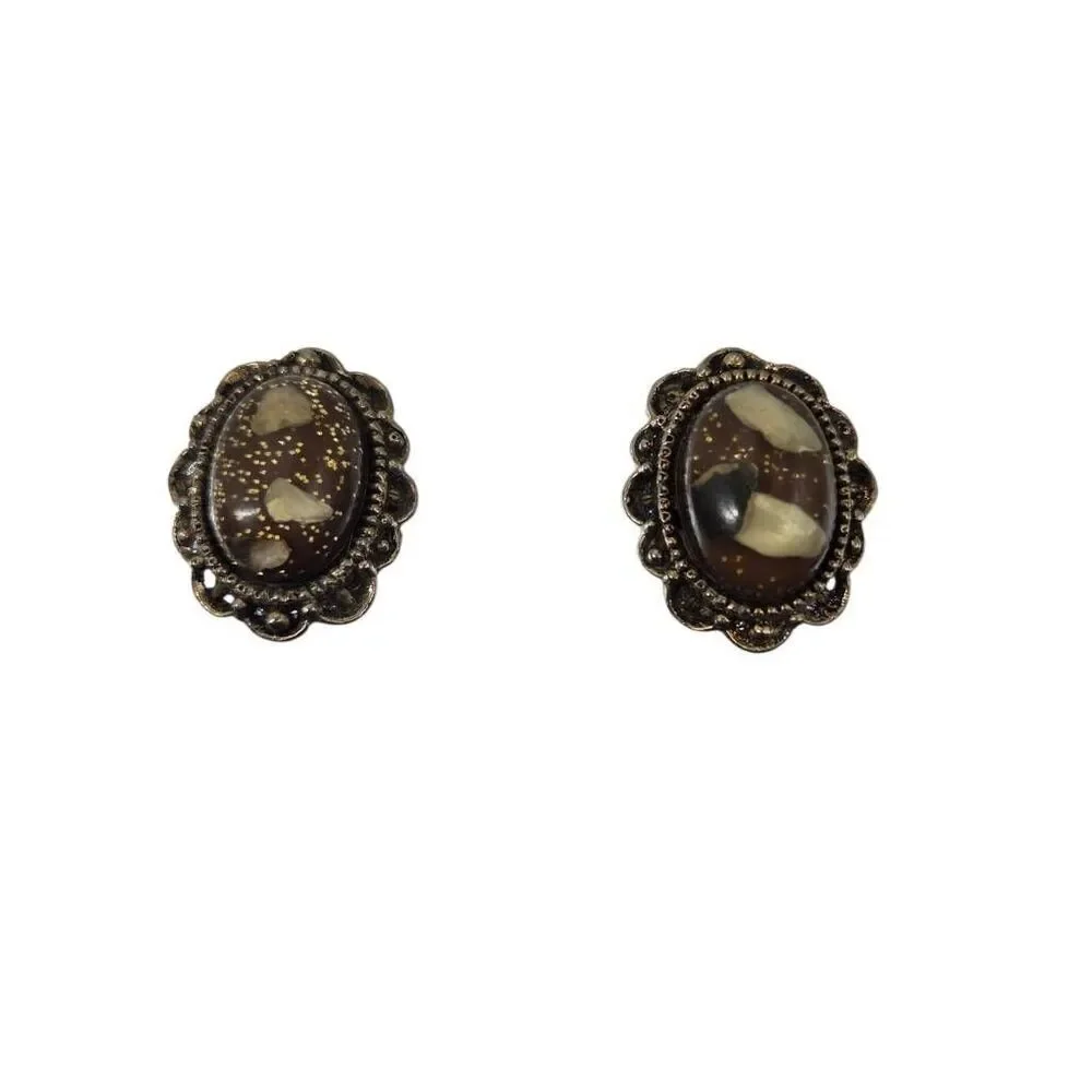 Faux Stone Cabochon Clip-On Earrings | Ornate Frame | Vintage | 1.53
